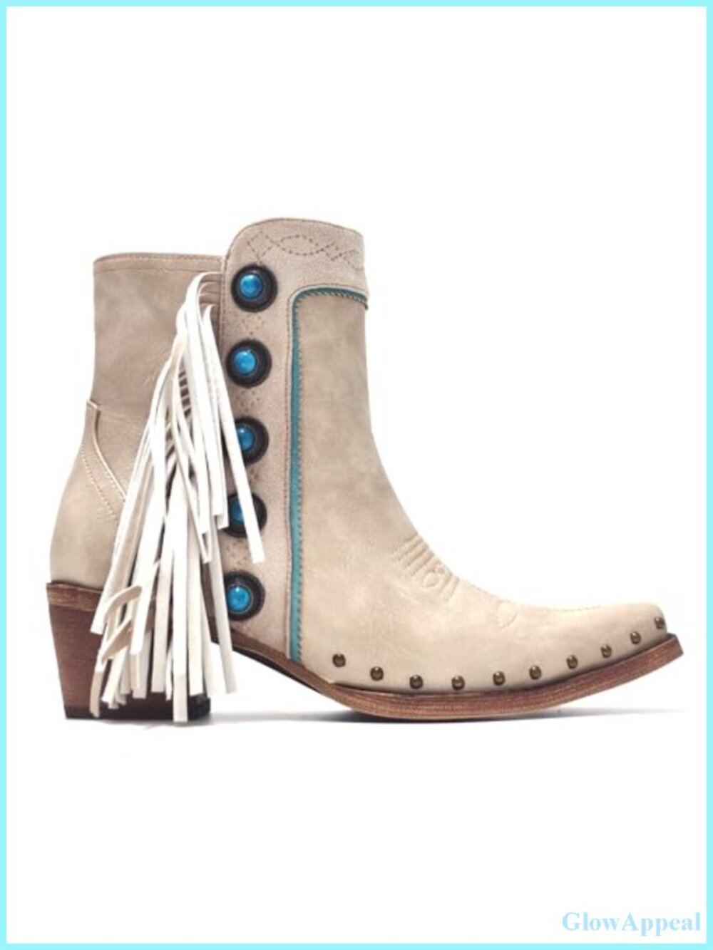 Fringe Western Ankle Booties Studded Turquoise Pointed Toe Block Heel